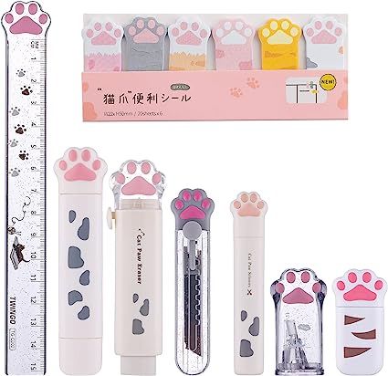 Amazon.com : 8 Pcs Cute Cat Paw Stationery Set Kawaii School Supplies Including Pencil Sharpener Retractable Eraser Correction Tape Sticky Notes Ruler Mini Scissors Utility Knife for Cat Lovers Students (White) : Office Products Cat School Supplies, School Supplies Target, Mini Scissors, Scissors Design, Kawaii School, Cute Stationary School Supplies, Kawaii School Supplies, Chill Room, Kawaii Pens