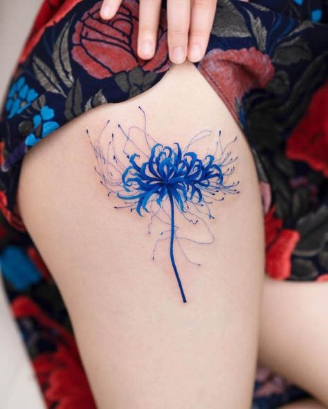 Blue Spider Lily Tattoo, Blue Spider Lily, Lily Tattoo Ideas, Lilly Tattoo Design, Spider Lily Tattoo, Blue Flower Tattoos, Lillies Tattoo, Slayer Tattoo, Our Mindful Life