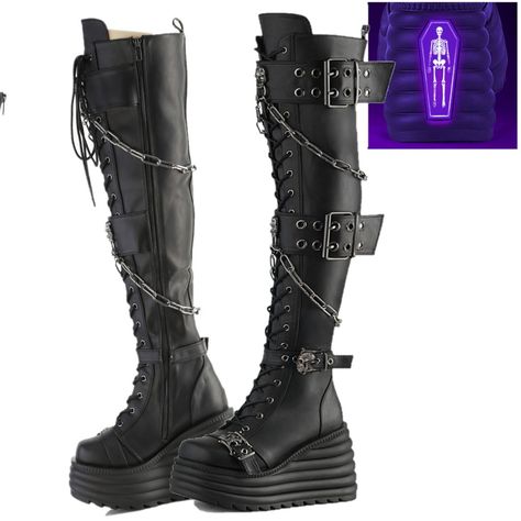 4 1/2" (114mm) Wedge Platform Lace-Up Front Thigh-High Boots 2 Double Grommet Buckle Straps W/ Metal Skull Knockers @ Center And 2 Lower Skull Buckle Straps, Skull Knockers On Outer Heel & Toe, Hanging Chain Detail, Inside Metal Zip Closure, Blacklight Reflective Back Coffin Demonia Women's Us Sizes Brand New Rocker Boots, Goth Boots, Demonia Shoes, White Sneakers Men, Metal Skull, Punk Rocker, Goth Punk, Goth Outfits, Really Cute Outfits