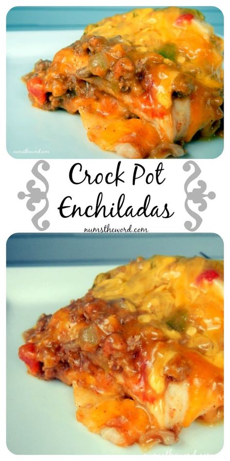 Crock Pot Enchiladas are easy and delicious! Use green enchilada sauce or red – both work great! Make the filling ahead of time and create a freezer meal! #crockpot #enchiladas #redsauce #greensauce #freezermeal #easy #numstheword #cincodemayo #beef Crock Pot Enchiladas, Enchilada Stack, Seafood Enchiladas Recipe, Beef Enchiladas, Freezer Meal, Crockpot Beef, Enchilada Recipes, Crock Pot Slow Cooker, Crock Pot Cooking