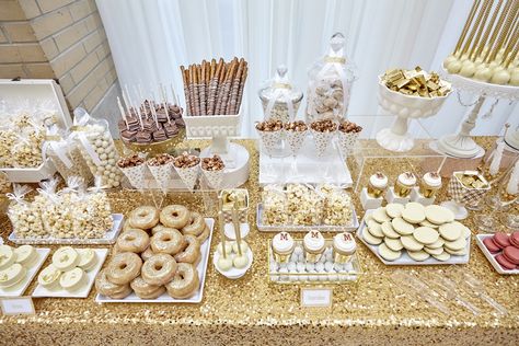 mcmaster alumni gala 2015 designed by KJ and Co. | Candy by Katie sweets table Glitter Dessert Table, Dessert Table Arrangement Ideas, Baptism Sweet Table, Gold Sweet Table, Sweet Table Ideas, Baby Shower Sweets Table, Gold Candy Buffet, Gold Dessert Table, Wedding Dessert Table Decor