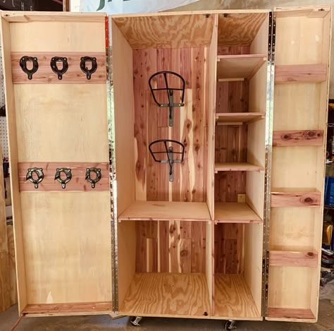 Custom tack locker with cedar lining for a VIP customer. Call us today for yours!  #barn #stable #horse #mdbarnmaster #nucor #polebarn #tack #saddle #equestrian #farm #premierequestrianbuilders #construction #contractor #stables #runin #paddock #arena #ridingring #fence #stall  Www.premierequestrianbuilders.com Horse Tack Boxes, Tack Locker, Tack Room Organization, Horse Tack Rooms, Coming Soon Landing Page, Tack Trunk, Tack Box, Horse Farm Ideas, Diy Horse Barn