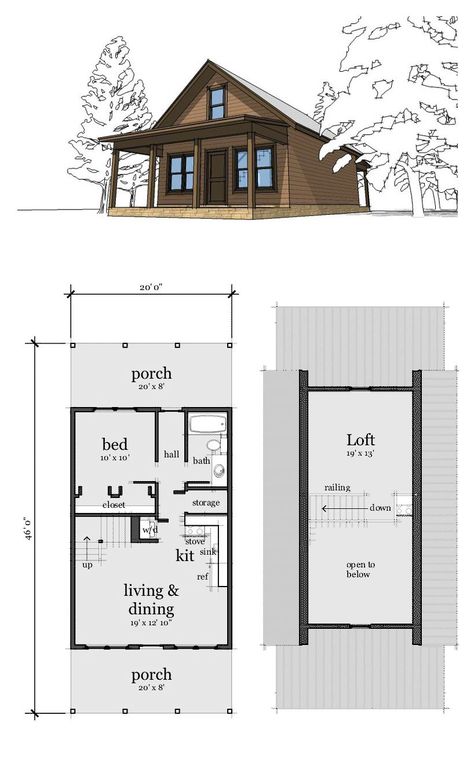 Cabin With Loft, Cabin Plans With Loft, Small Cabin Plans, House Plan With Loft, Cabin Floor, 2 Bedroom House Plans, Cabin Floor Plans, Cabin House Plans, Cottage Plan