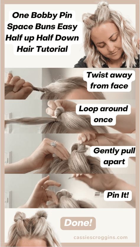 Easiest half up half down hairstyle ever! If you hate elastic marks and only have one bobby pin you can do these quick and easy space buns! The easiest messy space buns half up half down hair tutorial ever! I tried it and it's amazing! #Cassiescroggins Space Buns Easy, Easy Space Buns, Messy Space Buns, Space Bun Hairstyles, Half Up Half Down Hair Tutorial, Space Buns Hair, Braided Space Buns, Half Up Half Down Short Hair, Hair Pins Diy