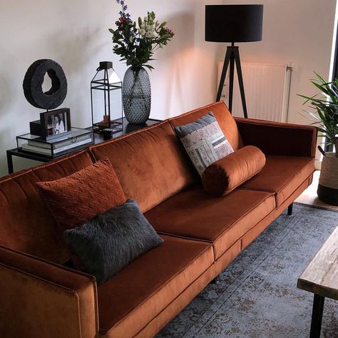 Warm, rust, rich velvet Rodeo. Nothing but love for this sofa! - #bepurehome #bph #design #Rodeo #sofa #rust #velvet #interior Umber Sofa, Rodeo Sofa, Rust Couch, Orange Interiors, Velvet Sofa Living Room, Shabby Chic Decor Bedroom, Orange Sofa, Nothing But Love, Brown Chair