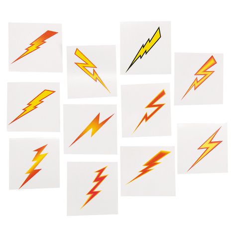 Super Hero party favors: 72 Lightning Bolt Tattoos - OrientalTrading.com Lightning Bolt Tattoos, Tattoos Lightning, Blitz Tattoo, Lightning Bolt Tattoo, Superhero Party Favors, Lightning Tattoo, Bolt Tattoo, Party Tattoos, Lightning Bolts