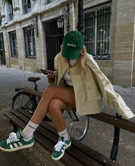 #outfits #aesthetic #eurosummer #adiddascampus #dreamcloset #jacketinspo Adidas Shorts Outfit, Green Shoes Outfit, Outfit Campus, Looks Adidas, Campus Outfit, Sneaker Outfits Women, Adidas Campus 00s, Look Retro, Mode Boho