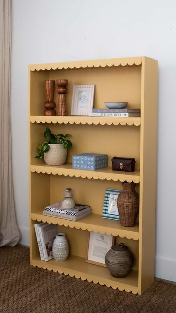 Diy Toy Shelf, Scalloped Bookshelf, Yellow Bookcase, Colored Bookshelf, Wavy Decor, Scalloped Shelves, Yellow Bookshelves, Red Bookcase, Scalloped Shelf