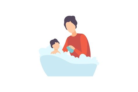 Father Bathing Baby in Bathtub, Parent Taking Care of His Child Vector Illustration on White Background. Kids Bath, Emoji Wallpaper, Baby Bath, White Background, Vector Illustration, Parenting, Bath, Disney Princess, Range