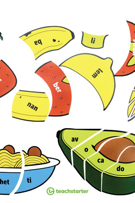 A food-themed syllable puzzle for your students to consolidate their knowledge of syllables in words! Phonological Awareness Preschool, Food Games For Kids, Phonological Awareness Games, Eyfs Phonics, Syllable Games, Phonics Videos, Syllables Activities, Dramatic Play Themes, Preschool Phonics