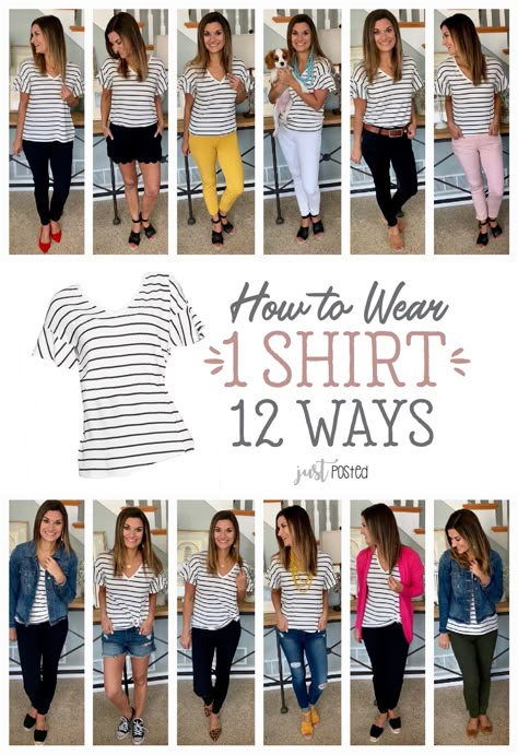 How to wear and style 1 striped shirt 12 different ways! This super soft tee from Target is perfect to dress up or down! It has a cute ruffle sleeve detail and it is available in gray too. It is a great piece for a casual look or to dress up for work. And, the best part is that it is super comfortable and so affordable. This is a perfect item for a capsule wardrobe! How To Wear Shirt, Outfits With Striped Shirts, Mode Ab 50, Fashion Capsule Wardrobe, Fashion Capsule, Work Fashion, Outfits Casuales, Striped Shirt, Capsule Wardrobe