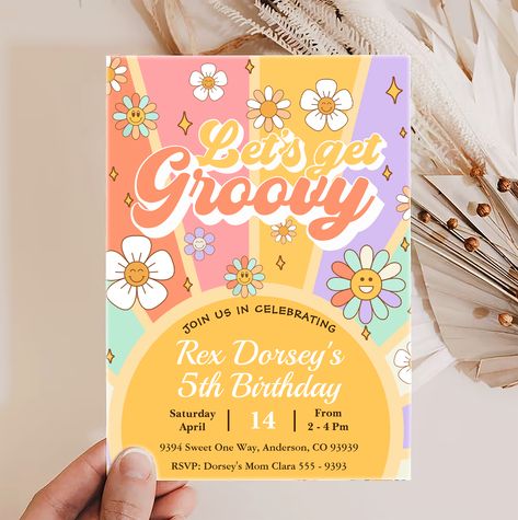 Retro Let's Groovy Boho Daisy Rainbow Birthday Invitation #groovybirthday #70sbirthday #retrobirthday #groovyinvitations #hippiebirthday #70sparty #discotheme #faroutparty #70sbash #vintagebirthday Four Ever Groovy, 4th Birthday Invitation, Floral First Birthday, Hippie Birthday, Rainbow Birthday Invitations, Baby Birthday Decorations, Retro Daisy, Birthday Party Theme Decorations, Retro Birthday