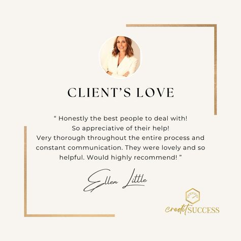 Thank you Ellen Little. We are grateful and truly appreciate your kind words and feedback. 🥰 Your review helps us strive for excellence and continue to provide top-notch service to all our clients. Thank you for choosing us and for your continued support! ✨ 🙌 And, if you have family or friends that require our assistance, we are happy to assist. Contact us - 1800 956 694 Email: admin@creditsuccess.com.au Website: https://buff.ly/446ywP1 #creditsuccess #mondaymotivation #clientslo... Strive For Excellence, Client Review, Credit Repair Services, We Are Grateful, Google Reviews, Credit Repair, Appreciate You, Kind Words, Monday Motivation