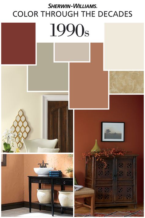 As the ’90s arrive, we trade Miami Vice for McMansions and pastels for plentiful earth tones. This decade sees a rise in Tuscan-style influences, featuring coordinating hues of red, brown, and beige. From the booming tract homes of the West Coast, the rustic color palette of the ’90s sweeps across the states, bringing with it accents of gold, terra cotta, putty and sage. Embrace the warmth of this decade with colors that are, like, totally down to earth. Color Palette Earth Tones, Earth Tones Kitchen, Interior Paint Schemes, Home Color Palette, Rustic Color Palettes, Tuscan Design, Interior Painting, Tuscan Decorating, Farmhouse Interior