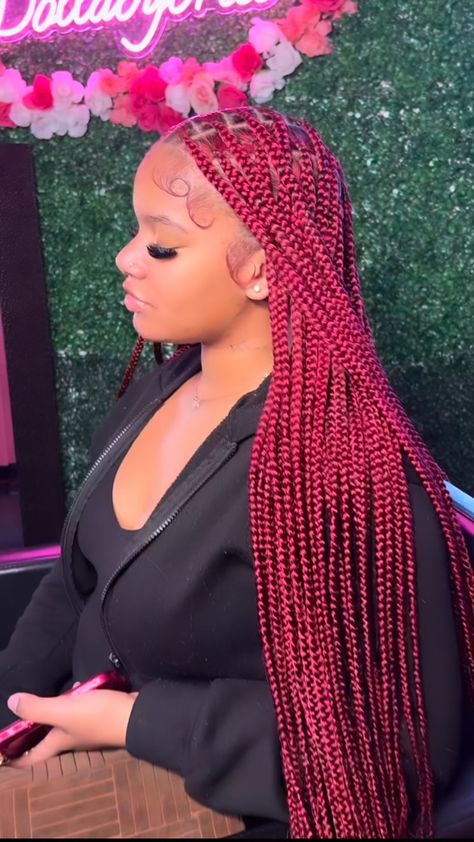 Medium Thigh Length Knotless Braids, Thigh Length Knotless Braids, Colored Knotless, Colored Knotless Braids, Red Sew In, Pink Braids, Colored Braids, Braids Styles, Box Braids Hairstyles For Black Women