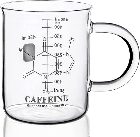 PSZEZNZ Caffeine Beaker Mug,Caffeine mug, Chemistry Mug 16 oz Borosilicate Glass Coffee Mugs,Coffee Mugs,Measuring for Coffee, Graduated Beaker Mug (450ml) Caffeine Chemistry, Kaffe Humor, Nerdy Gifts For Him, Clear Coffee Mugs, Caffeine Molecule, Chemistry Gifts, Science Themes, Mug With Handle, Science Gifts