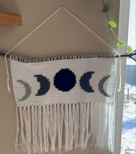 Crochet Moon Wall Hanging, Crochet Moon Garland, Moon Phases Crochet, Moon Phase Crochet, Crochet Moon Phases, Celestial Crochet, Crochet Moon, Goth Crochet, Windsor Colorado