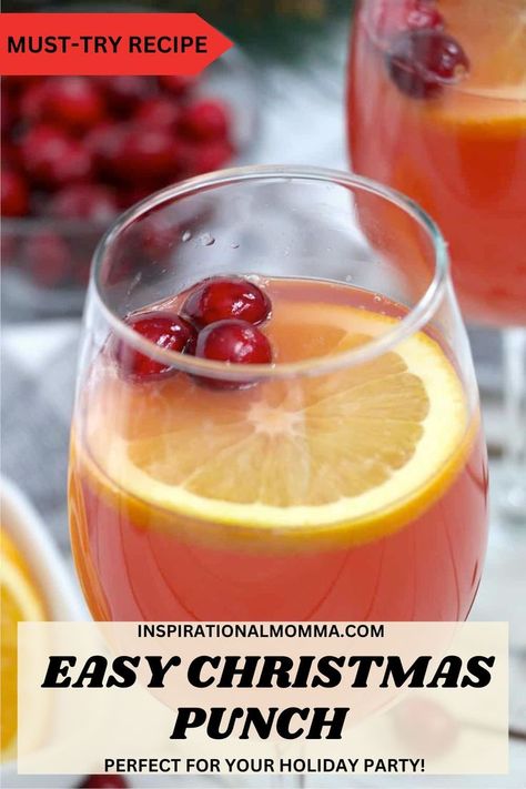 Glass filled with Christmas punch and garnished with a slice of lemon and fresh cranberries. Easy Christmas Punch, No Soda, Christmas Morning Punch, Holiday Party Drinks, Cranberry Punch, Easy Punch, Homemade Coffee Creamer, Christmas Punch Recipes, Diy Easy Recipes