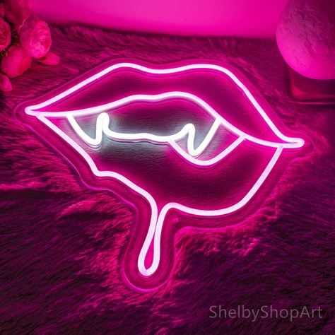 Neon Purple Lighting Board, Purple Neon Lights Aesthetic, Pink Neon Sign Black Background, Neon Lips, Moody Home Decor, Goth Neon Signs, Hot Pink Led Sign, Vampire Lips, Neon Wall Signs