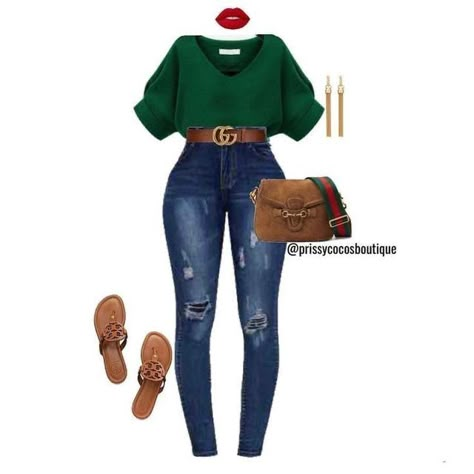 Hunter Green Outfit, Outfit With Sandals, Boujee Baddie, Grown Women Outfits, Lounge Wear Stylish, Jersey Outfits, Jean Fashion, Midsize Outfits, Color Blocking Outfits