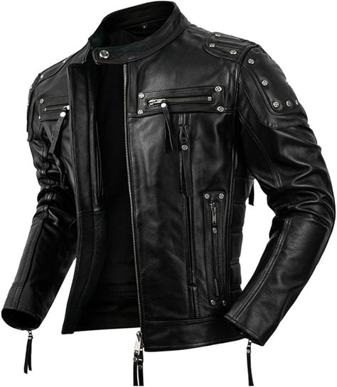 Genuine Cowhide Motorcycle Leather Jacket For Men, Slim Fit Zip-Up Design (Black, ONE) : Amazon.ca: Clothing, Shoes & Accessories Bike Outfits, Leather Biker Vest, Leather Jacket Men Style, Biker Coat, Motorcycle Clothing, Collar Leather Jacket, Riders Jacket, Motorcycle Outfit, Riding Outfit