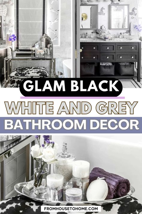 Black, White And Grey Bathroom Makeover Ideas | Interior Decorating Tips For The Home Timeless Remodel, White And Grey Bathroom, Glam Bathroom Ideas, Glam Rooms, Bathroom Moodboard, Bathroom Makeover Ideas, Grey And White Bathroom, House To Home, Sewing Room Storage