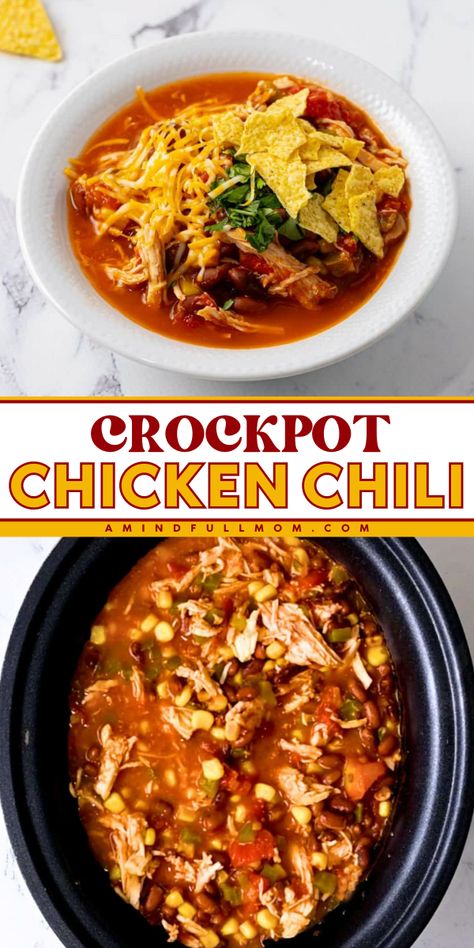 This Crockpot Chicken Chili is a hearty, healthy, Tex-Mex meal made with chicken, beans, corn, and taco seasoning. An easy, family-favorite slow cooker recipe! Chicken Corn Chili Crockpot, Easy Chicken Chili Crockpot, Crock Pot Chicken Chili Recipes, Chicken Chili Crockpot Recipes, Chicken Mexican Recipes, Crockpot Chicken Taco Chili, Crock Pot Chicken Chili, Southwest Chicken Chili, Crockpot Chicken Chili