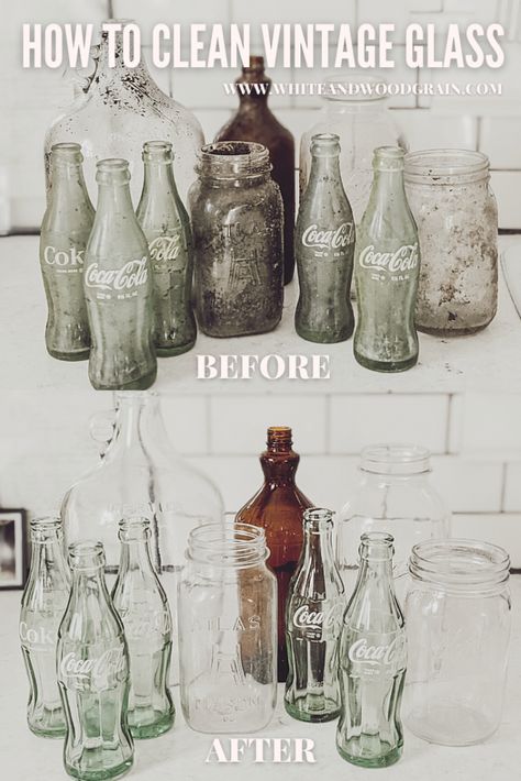 Crafts With Old Bottles, Decorating With Old Glass Bottles, Cleaning Old Glass Bottles, How To Clean Vintage Glass Bottles, How To Clean Glass Bottles, What To Do With Old Glass Bottles, Old Bottles Diy, Vintage Bottles Decor Diy, Decorating With Old Bottles