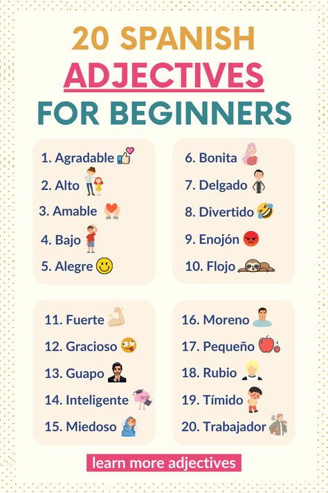 Learn 20 essential Spanish adjectives for beginners and enhance your Spanish vocabulary! This guide covers the top 100 adjectives to describe a person in Spanish, including personality, physical appearance, and more. Click to start learning now! Adjectives To Describe Personality, Adjectives In Spanish, Spanish Vocabulary List, Adjectives To Describe People, Common Spanish Words, Spanish Adjectives, Describe A Person, Words To Describe People, Spanish Notes