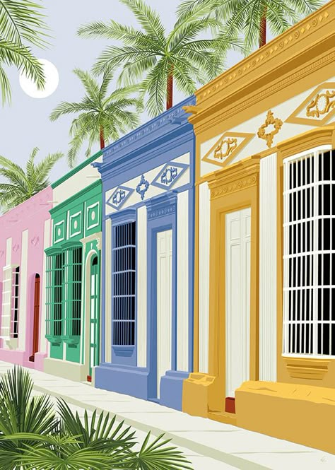 Venezuela Wallpaper, Colombia Illustration, Resort Illustration, Caribbean Lifestyle, Colonial Windows, Colombia Art, Street Illustration, Lisbon Tram, Spanish Colonial Homes