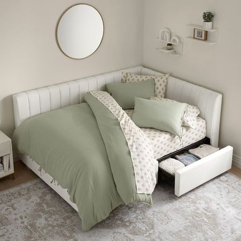 Sleep chic. Our Avalon Upholstered Corner Storage Bed elevates the style of any bedroom with its wraparound headboard and plush channel stitching. It adds handy - and hidden - storage with two drawers in the base. Beautifully crafted and finished by hand, it offers dreamy comfort and lasting quality. GREENGUARD Gold Certified to contribute to healthier indoor air, keeping you and your family safer. Crafted from premium woods like plywood, beech and rubberwood. Upholstered in 100% polyester with Corner Bed Headboard, Wraparound Headboard, Corner Bed Ideas, Boho Teen Bedroom, Teen Storage, Corner Bed, Storage Bed Queen, Storage Beds