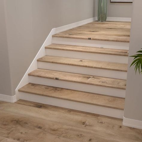 Lvp Flooring On Stairs, Light Oak Vinyl Plank Flooring, Lvp Stairs, Lvp Flooring Planks, Stairwell Landing, Stairway Remodel, Vinyl Stair Treads, Stairs Makeover Design, Vinyl Stair Nosing