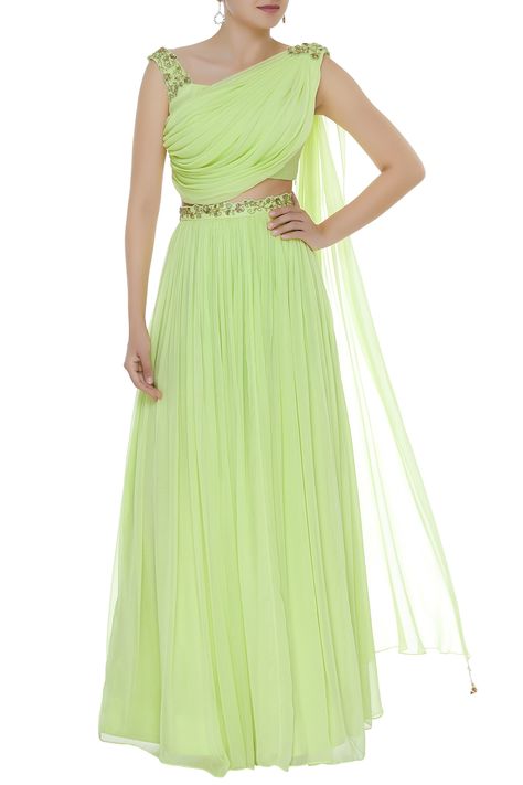 Buy Embellished draped blouse with pleated lehenga by Pooja Peshoria at Aza Fashions Pleated Blouse Designs, Draped Blouse Pattern, Lehenga Green, Pleated Lehenga, Lehenga For Women, Frocks And Gowns, Embroidered Beads, Choli Dress, Saree Gown