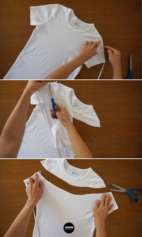 This step by step tutorial demonstrates how to cut off the shoulder t-shirt. This no sew t-shirt alteration is the best! Perfect way to recycle old tees into new clothes. #DIY #upcycle #refashion #nosew #tshirt #easy Diy Off Shoulder Shirt, Off Shoulder Diy, Shirt Alterations, Cut Up T Shirt, Cut Shirt Designs, Umgestaltete Shirts, Diy Cut Shirts, Shirt Makeover, Diy Clothes Refashion