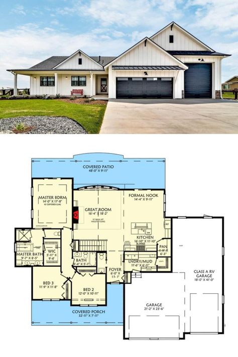 4-Bedroom New American Single-Story Country Home Floor Plan with RV Garage and Finished Basement House Plans With Rv Garage Attached, Home With Rv Garage, Single Story Farmhouse, Boat Garage, Dream Country, Clapboard Siding, Basement House Plans, Rv Garage, Basement Floor Plans