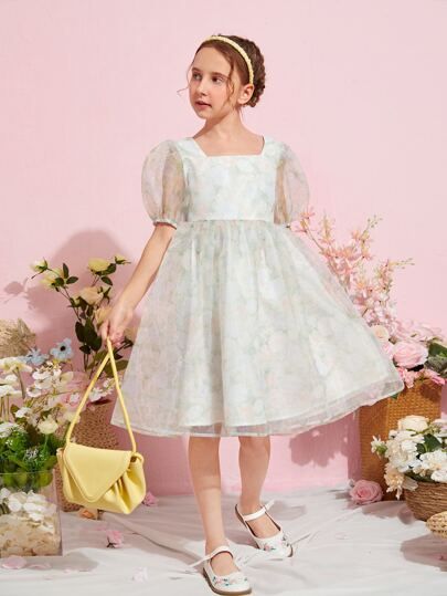 SHEIN Girls Puff Sleeve Organza Floral Dress | SHEIN USA Organza Frocks For Kids, Georgette Frocks, Organza Frocks, Kids Dress Clothes, Short Frocks, Frocks For Kids, Baby Present, Simple Blouse Designs, Long Dress Design