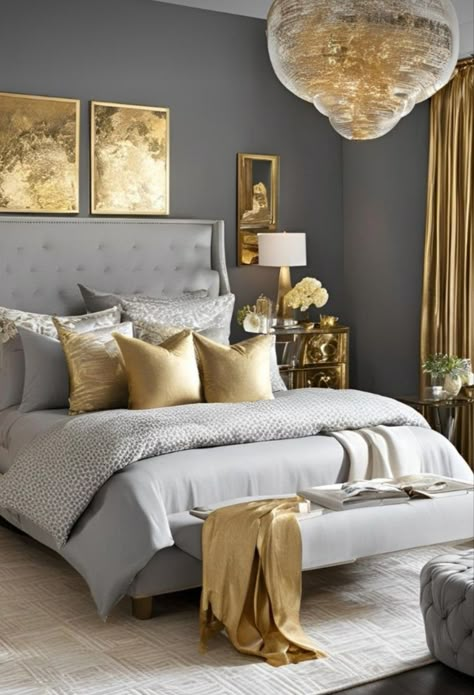 Grey Gold And White Bedroom, Gray And Gold Bedroom, Grey Bedroom Inspirations, Mustard And Grey Bedroom, White Gold Bedroom, Grey And Gold Bedroom, Fresh Room, Black And Gold Living Room, Black And Grey Bedroom