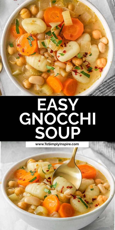 This comforting gnocchi soup recipe that brings together tender gnocchi, tasty veggies, and a mix of beans in a rich broth. This flavorful combination makes a delicious bowl of soup that easy to make and a wonderful recipe for an easy dinner! Doodle Soup Recipe, Gnocchi Soup Vegetarian, Easy Gnocchi Soup, Gnocchi Soup Recipes, Potato Gnocchi Recipes, Chili Homemade, Easy Gnocchi, To Simply Inspire, Kid Friendly Dinner Recipes