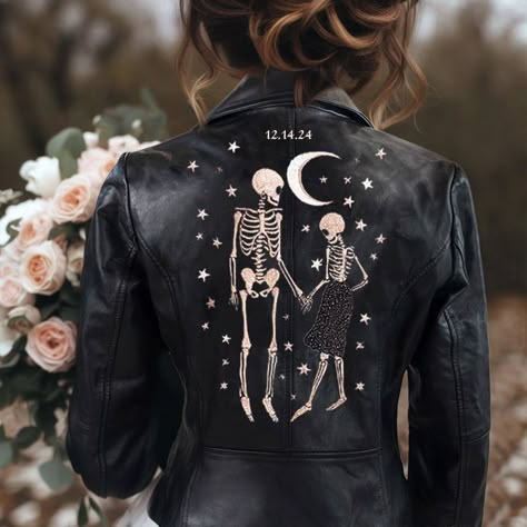 Custom Skeleton Design Leather Jacket, Embroidered Leather Jacket, Personalized Leather Jackets Gift, Unique Couple Theme, Stylish Outerwear, Personalized Leather Jacket, Wedding Leather Jacket for the Bride, Bridal Leather Jacket, Black Leather Jacket, Black Bridal Wedding Jacket, Black Bride Leather Jacket, Bachelorette Party Leather Jacket, Leather Jacket for Bride, Custom Bride Jacket, Bridal Cover Up Expandable sleeves with Zipper Functional Pockets **Style is designed to be a fitted jacket Painted Leather Jacket Wedding, Goth Bridal Party, Goth Bachelorette, Punk Bride, Bridal Leather Jacket, Wedding Leather Jacket, Aesthetic Weddings, Bride Leather Jacket, Edgy Bride