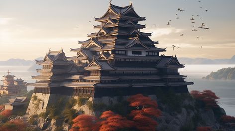 Japanese Kingdom Art, Fantasy Japanese Castle Art, Japanese Fantasy City, Samurai Architecture, Samurai Village, Japanese Palace, Medieval Japanese, Scifi City, Chinese Places