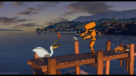 ArtStation - Fishing , Mathias Zamęcki Blur Studios, Fishing Scene, Old Anime, Visual Development, Environmental Art, Painting Illustration, Kiwi, Art Direction, Graphic Illustration