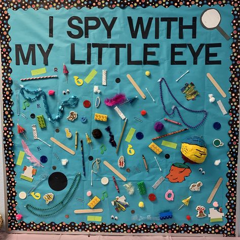 I spy with my little eye bulletin board I Spy Decorations, Eye Bulletin Board Ideas, 5 Senses Display Board, Literacy Boards Display Preschool, Eye Spy Bulletin Board, I Spy Bulletin Board Preschool, I Spy Board, 5 Senses Bulletin Board Preschool, I Spy Bulletin Board Ideas