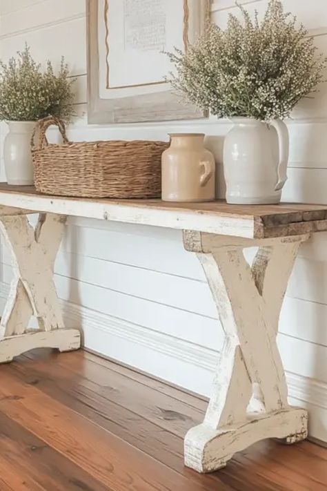 Building your own farmhouse console table is simpler than you might think! This DIY project guides you through every step, from selecting materials like wood and finishes to using essential tools. Whether you're a beginner or an experienced woodworker, this console table plan brings a rustic charm to any home. Enjoy your handmade creation in your living space or use it as a stylish entryway table. This guide covers tips on dimensions and design details for maximum functionality. Shanty 2 Chic Console Table, Diy Farmhouse Entry Table, Console Table Diy Plans, Rustic Console Table Decor, Diy Console Table Entryway, Sofa Table Diy, Console Table Diy, Farmhouse Furniture Diy, Diy Entry Table