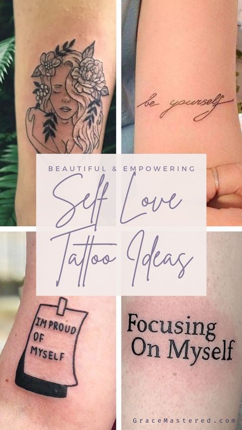 43 Beautiful & empowering self love tattoo ideas - Grace Mastered Self Power Tattoos, Tattoo Designs Self Love, I Love Me Tattoo Ideas, Tattoo For Strong Women Symbols, 2023 Tattoo Ideas Women, Self Strength Tattoo, Stay Positive Tattoo Ideas, Positivity Tattoo For Women, Tattoo Ideas For Self Love