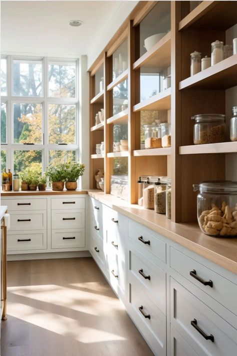 One Sided Butlers Pantry, Best Walk In Pantry Design, Butlers Pantry Shelving Ideas, Long Pantry Design, Narrow Butlers Pantry Ideas, Large Pantry Ideas Walk In, Pantry With Butcher Block Counter, Walk In Pantry With Window, Reach In Pantry Design