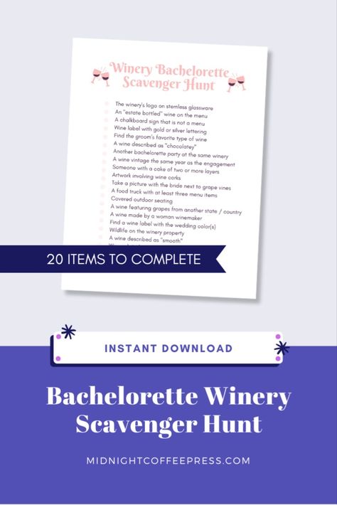 Winery Scavenger Hunt Ideas, Bachelorette Bar Crawl, Bar Crawl Scavenger Hunt, Winery Bachelorette, Winery Logo, Bachelorette Scavenger Hunt, Bachelorette Game, Group Party, Dessert Items