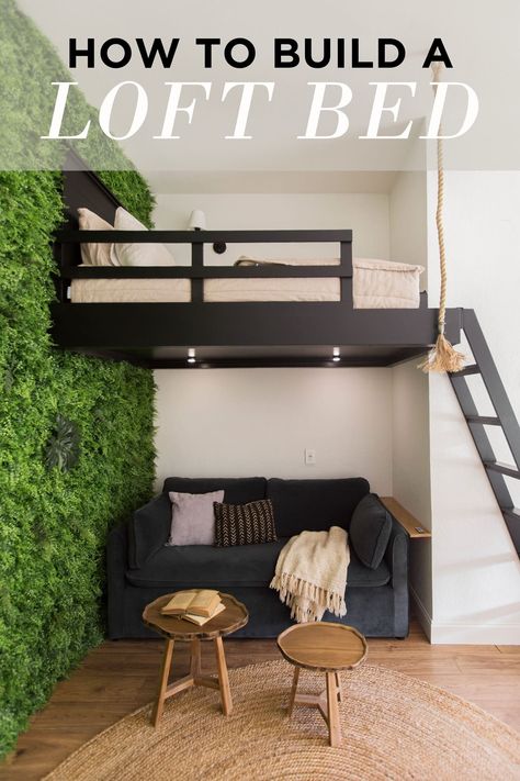 How to Build a Loft Bed - Jenna Sue Design Tiny Home Bedroom Ideas, Loft Bed With Couch, Build A Loft, Build A Loft Bed, Bunk Bed Ladder, A Loft Bed, Diy Loft, Tiny House Furniture, Jenna Sue Design