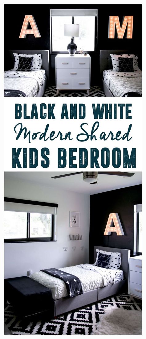 Modern Kids Room, Modern Shared Bedroom, Black and White Kids Bedroom, Modern Shared Kids Room, Shared Kids Bedroom, Black and White Modern Room www.brightgreendoor.com White Kids Room, White Nursery Decor, Minimalist Kids Room, Kids Rooms Shared, Kids Shared Bedroom, Shared Kids Room, Children Room Boy, Modern Kids Room, Shared Bedroom