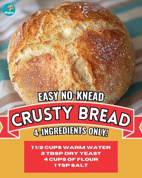 4-Ingredient No-Knead Bread Recipe Making Bread At Home, Easy No Knead Bread, No Knead Bread Recipe, Crusty Bread Recipe, Crock Pot Bread, Diy Joy, Knead Bread Recipe, Bread At Home, Making Bread