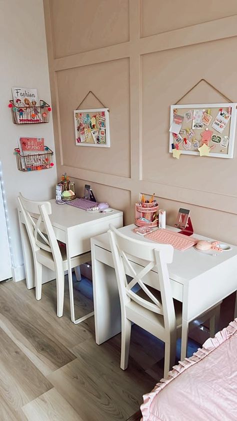 Check out this photo from Giselle Rodriguez Twin Desk Ideas, Girls Room With Desk And Dresser, Girls Desk In Bedroom, Bedroom For 2 Girls Kids, Shared Desk Kids, Desk For Girls Bedroom, Kids Desks In Bedroom, Children Desk Ideas, Double Desk Kids